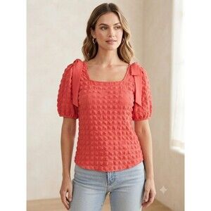 Cato Coral Textured Puff Sleeve Blouse with Shoulder Tie Bows